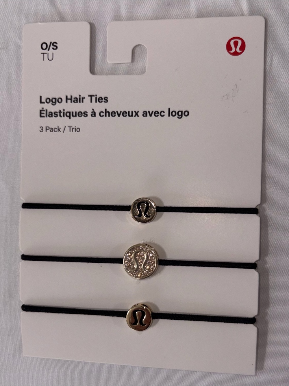 NWT LULULEMON LOGO HAIR TIES 3 PACK HAIR TIES, JACKET PULLS, JEWELRY BLACK/GOLD